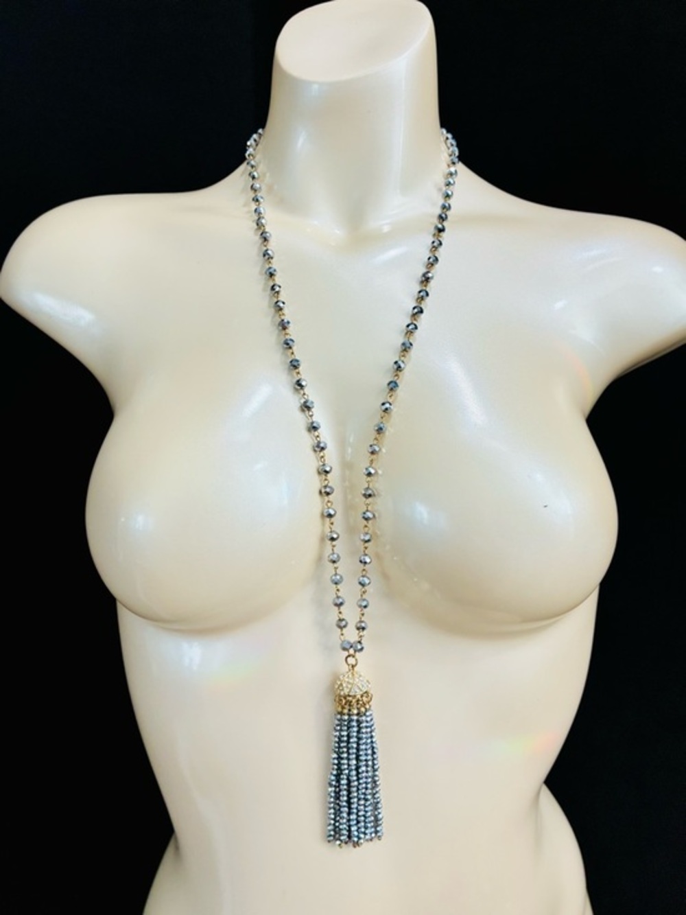 Murano Hematite-Bead Long Necklace with Gold Tassel
